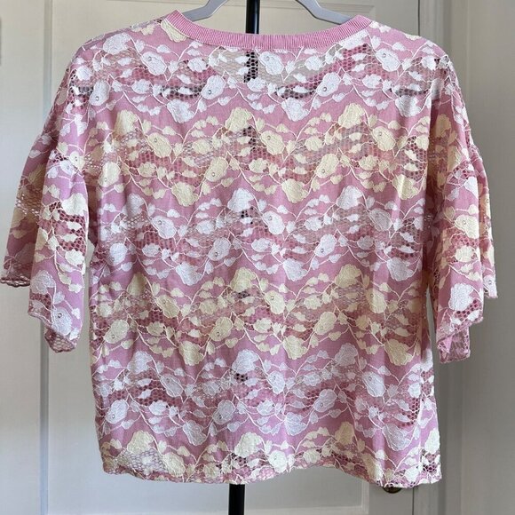 Zara Pink Lace Mesh Floral Cropped Boxy Short Sleeve Top Size S - Picture 2 of 5
